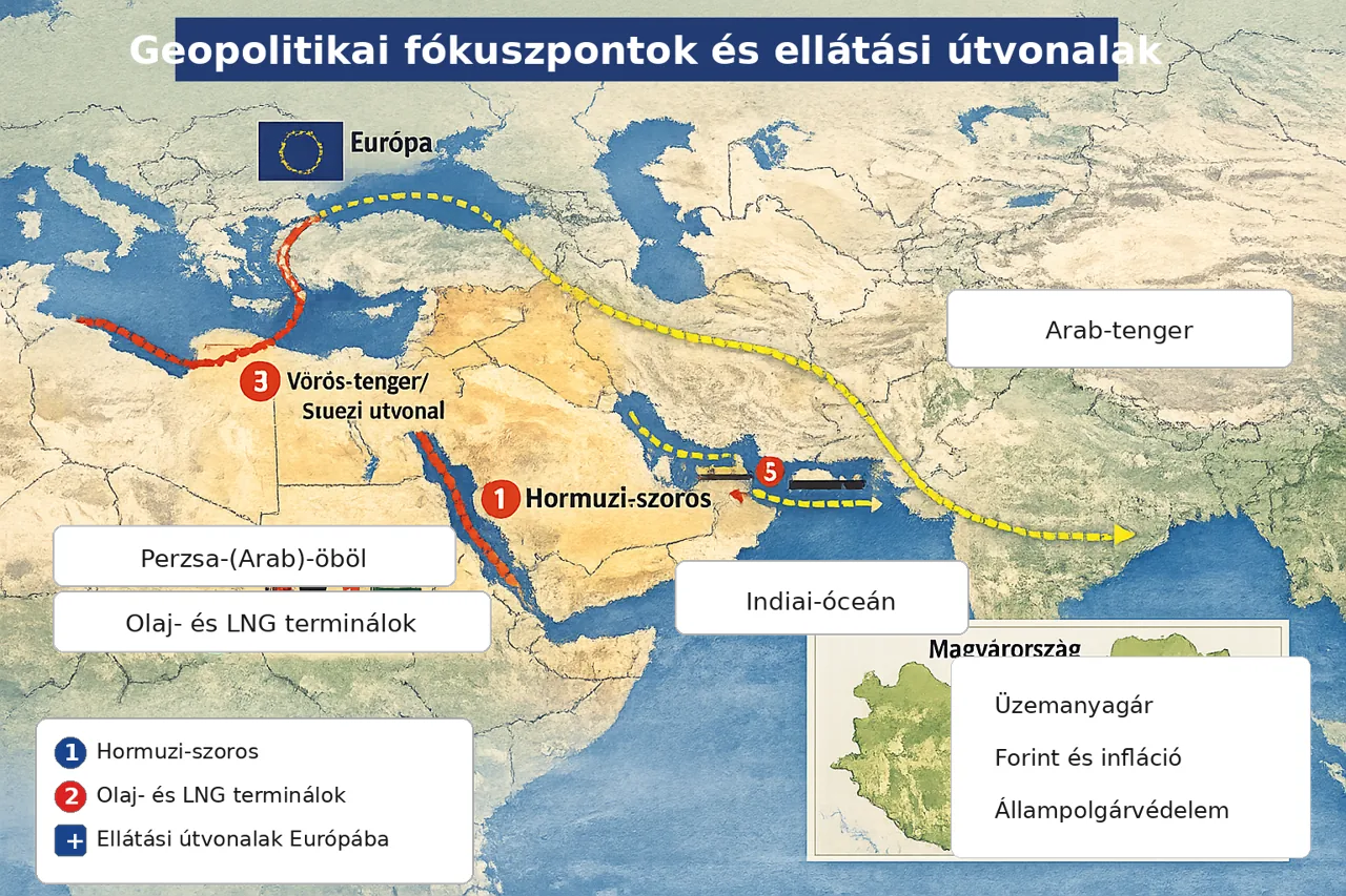 Geopolitikai fókuszpontok és ellátási útvonalak térképe