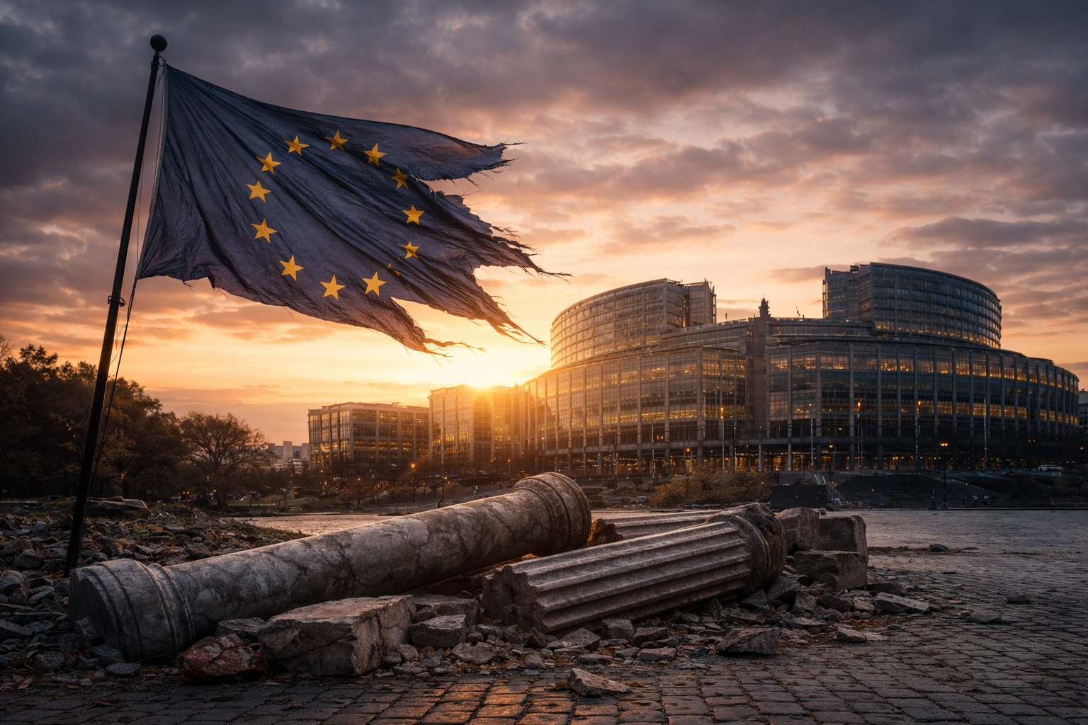 Tépett EU-zászló és az Európai Parlament épülete alkonyatkor